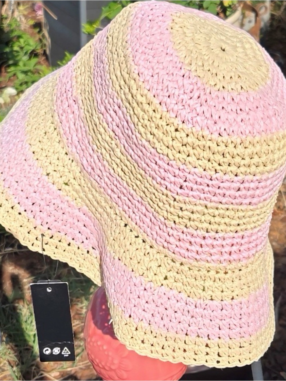 DISO H&M Divided Straw Bucket Sun Raffia Hat Pink Stripe